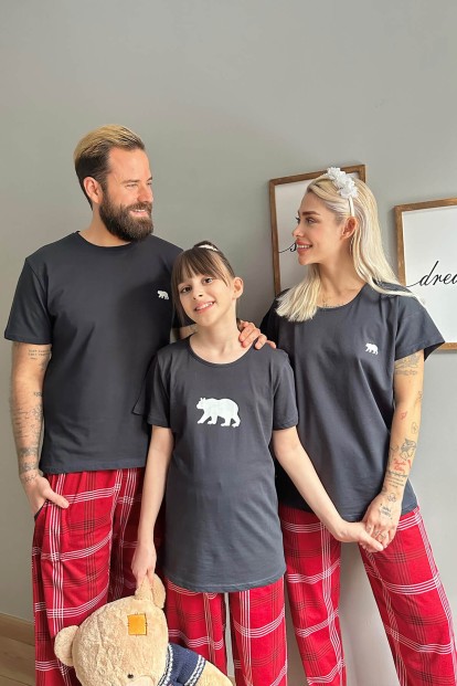 Lacivert Bear Kısa Kol Anne Kız Aile Pijaması - Çocuk Takımı - 8