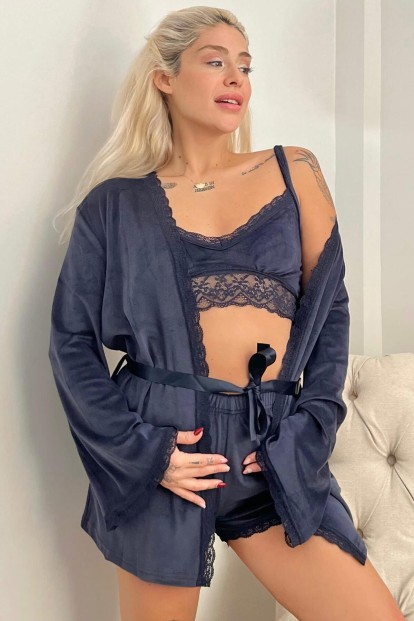 Lacivert Bralet Exclusive Kadife Sabahlıklı Kadın Pijama Takımı  