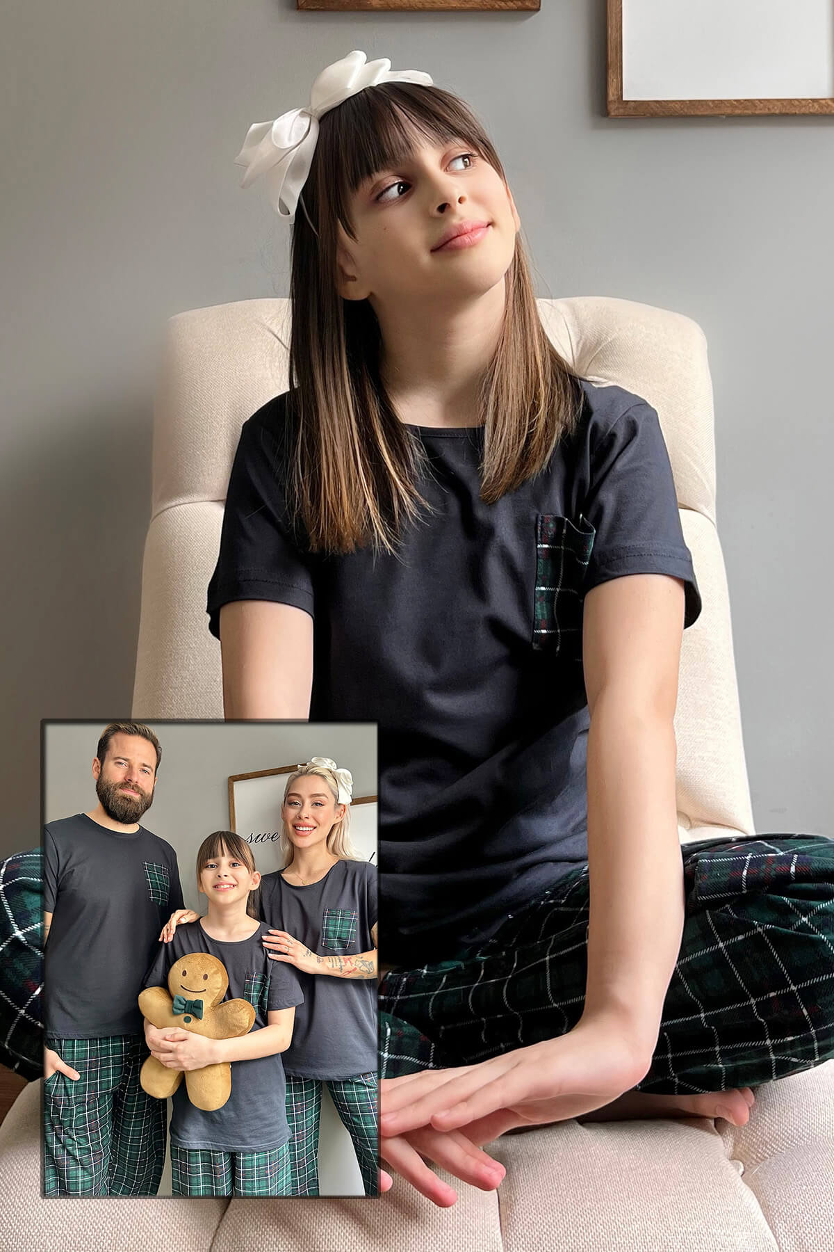 Lacivert Cep Kısa Kol Anne Kız Aile Pijaması - Çocuk Takımı - 1