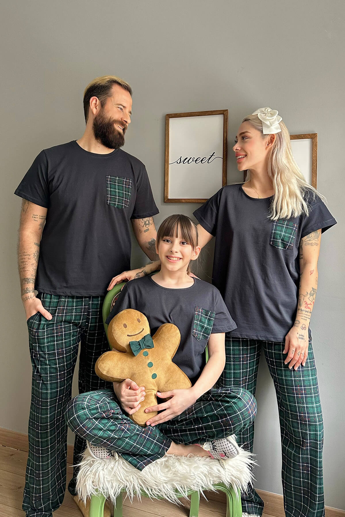 Lacivert Cep Kısa Kol Anne Kız Aile Pijaması - Çocuk Takımı - 7