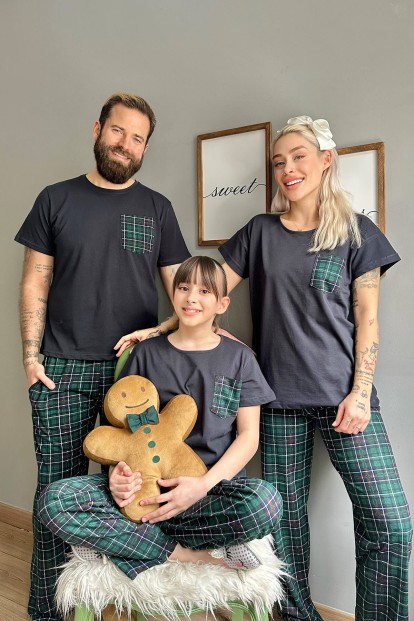 Lacivert Cep Kısa Kol Anne Kız Aile Pijaması - Çocuk Takımı - 8