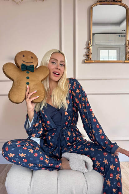 Lacivert Cookieman Desenli Termal Sabahlıklı Kadın Pijama Takımı - 4