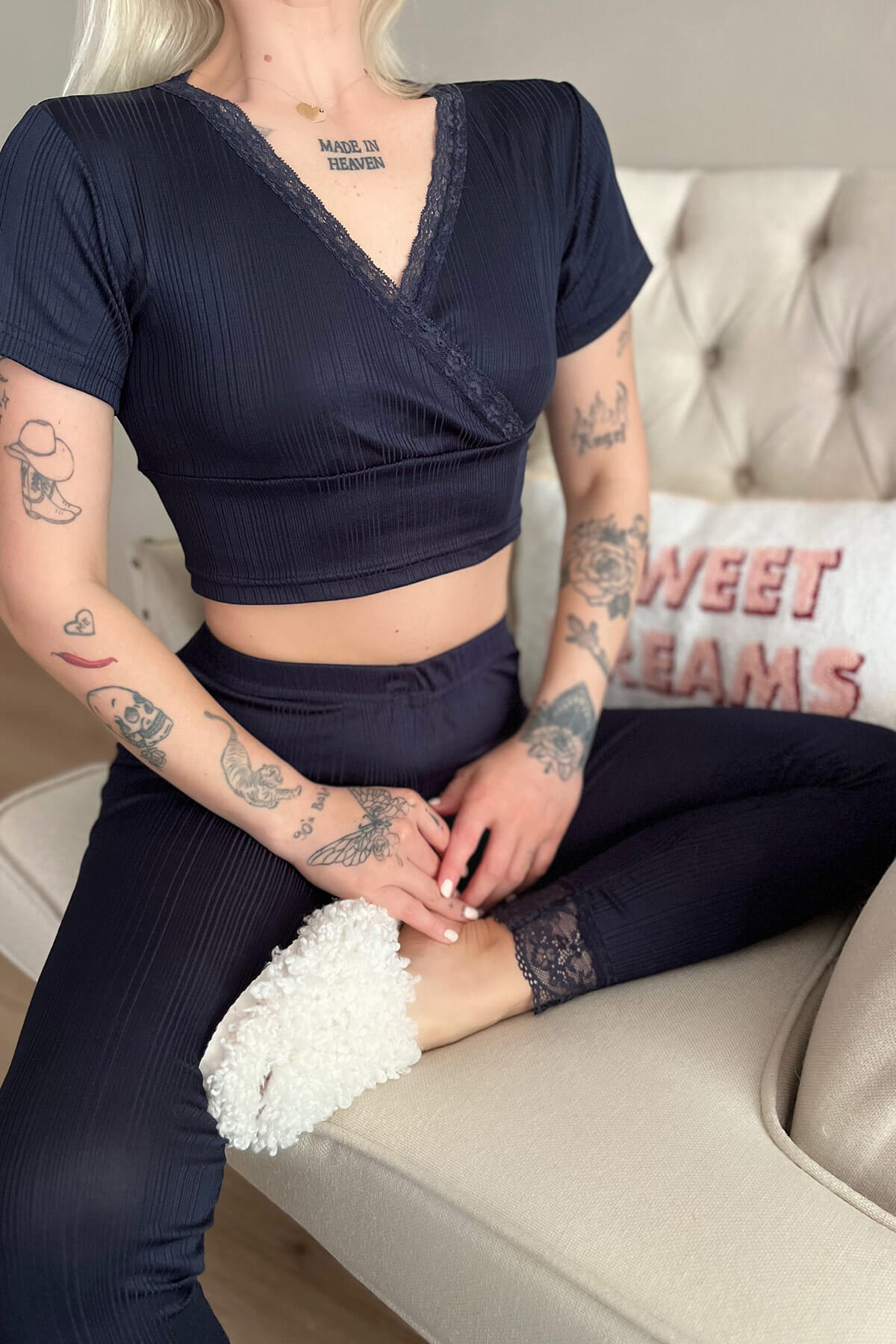 Lacivert Dantel Detaylı V Yaka Örme Crop Pijama Takımı - 5