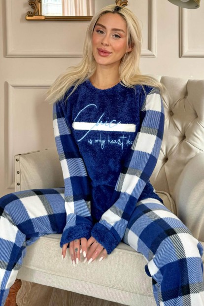 Lacivert Deep Chic Desenli Kadın Peluş Pijama Takımı 