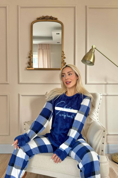 Lacivert Deep Chic Desenli Kadın Peluş Pijama Takımı - 2