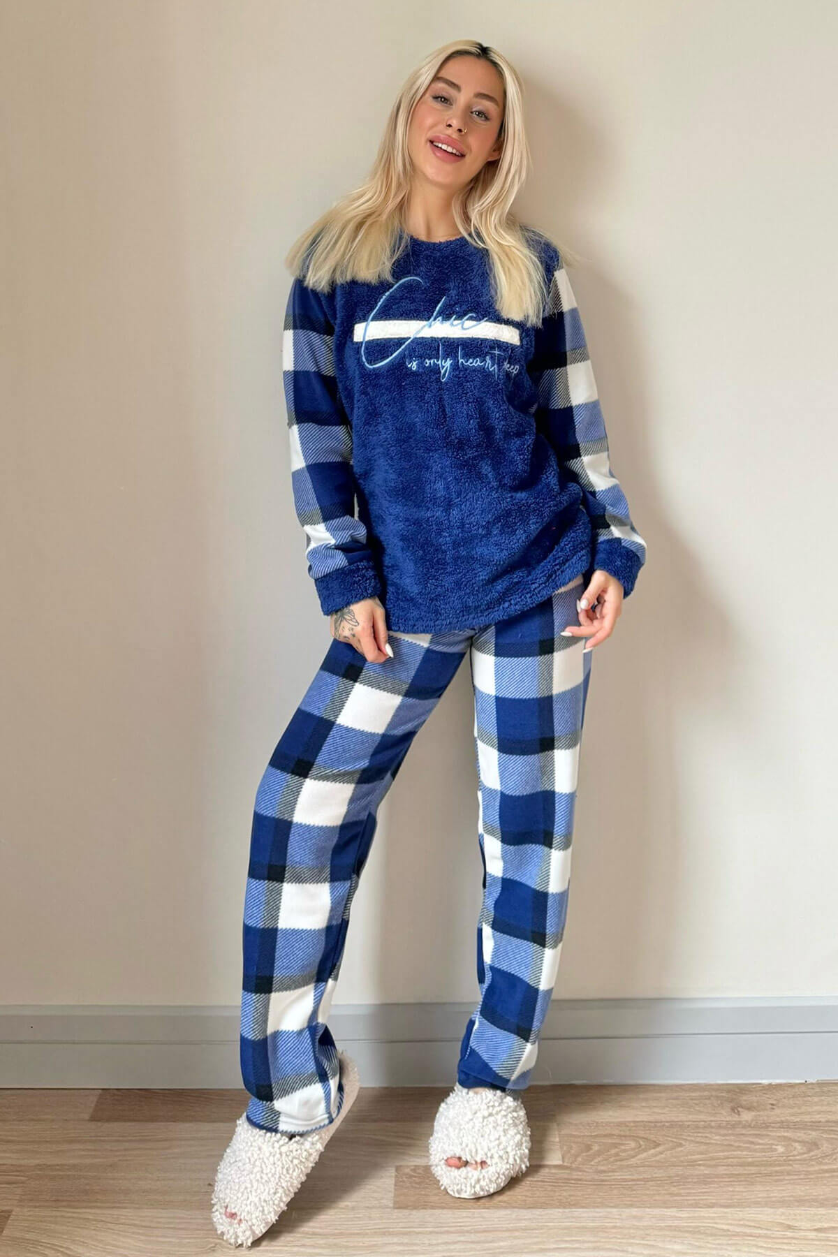 Lacivert Deep Chic Desenli Kadın Peluş Pijama Takımı - 5