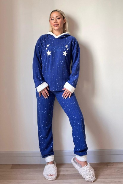 Lacivert Everyday Magic Desenli Kapşonlu Peluş Polar Pijama - 5