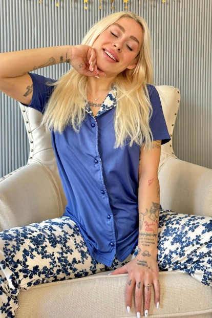 Lacivert Florado Exclusive Önden Düğmeli Kısa Kollu Kadın Pijama Takımı - 1