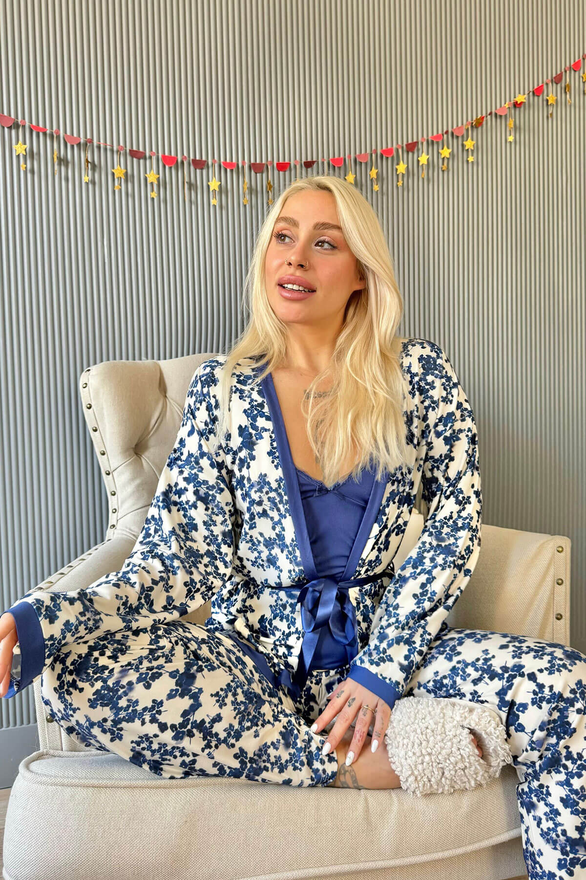 Lacivert Flore Exclusive Örme Sabahlıklı Kadın Pijama Takımı - 2