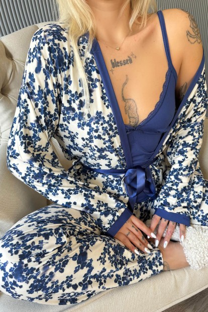 Lacivert Flore Exclusive Örme Sabahlıklı Kadın Pijama Takımı - 6