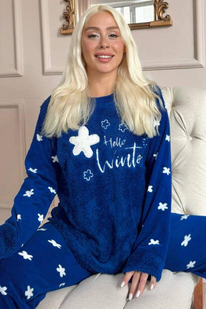 Lacivert Hello Winter Desenli Kadın Peluş Pijama Takımı 