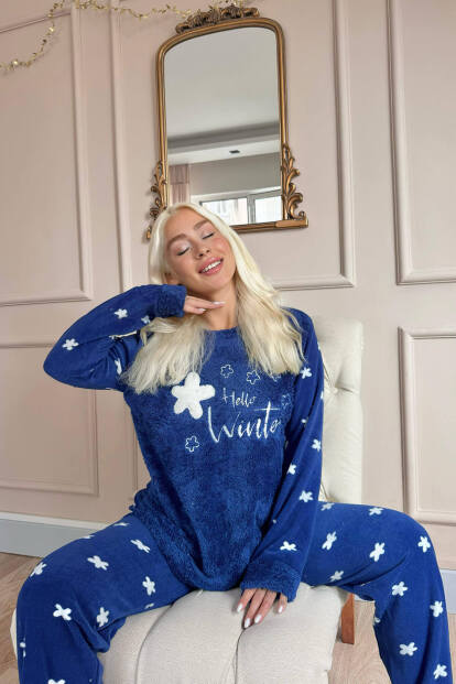 Lacivert Hello Winter Desenli Kadın Peluş Pijama Takımı - 2