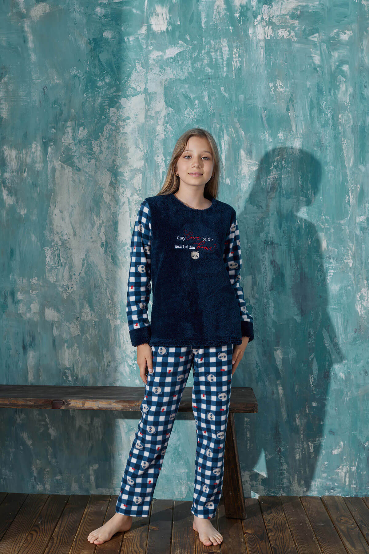 Lacivert Home Desenli Kız Çocuk Peluş Pijama Takım - 4