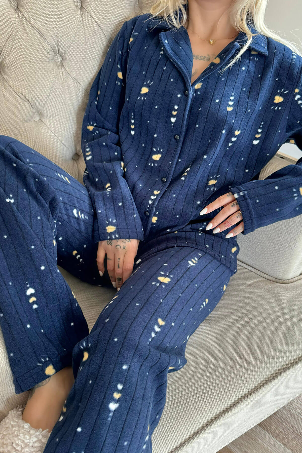 Lacivert Kalp Desenli Önden Düğmeli Peluş Polar Pijama Takımı - 5