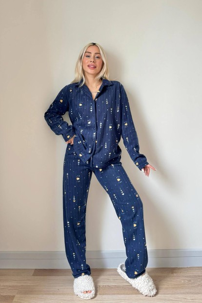 Lacivert Kalp Desenli Önden Düğmeli Peluş Polar Pijama Takımı - 6