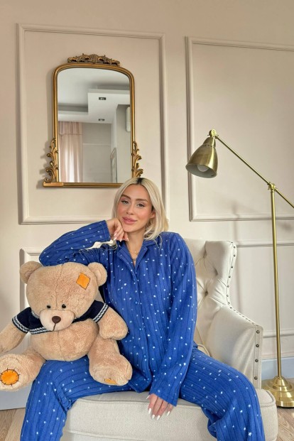 Lacivert Lune Desenli Önden Düğmeli Peluş Polar Pijama Takımı - 2