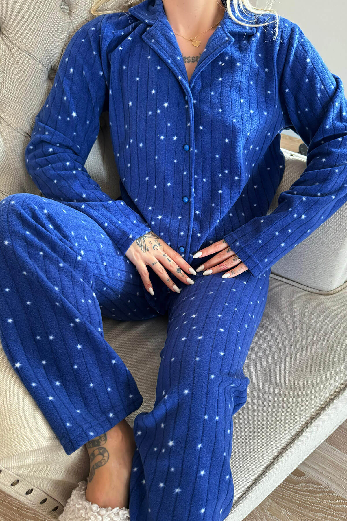 Lacivert Lune Desenli Önden Düğmeli Peluş Polar Pijama Takımı - 4