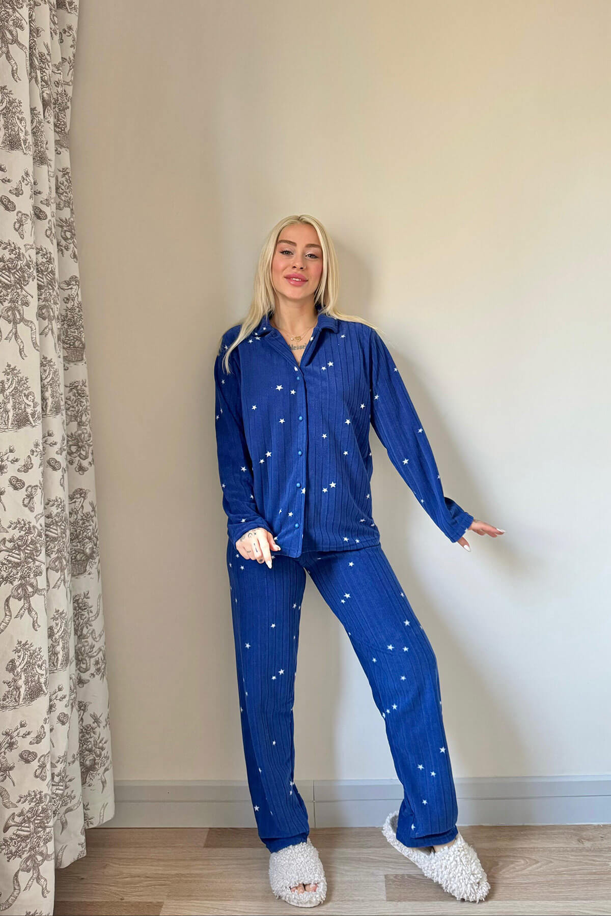 Lacivert Lune Desenli Önden Düğmeli Peluş Polar Pijama Takımı - 6