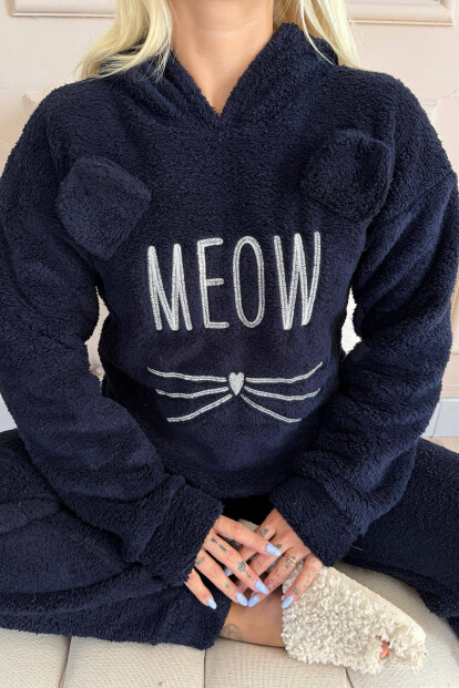 Lacivert Meow Desenli Tam Peluş Pijama Takımı - 6