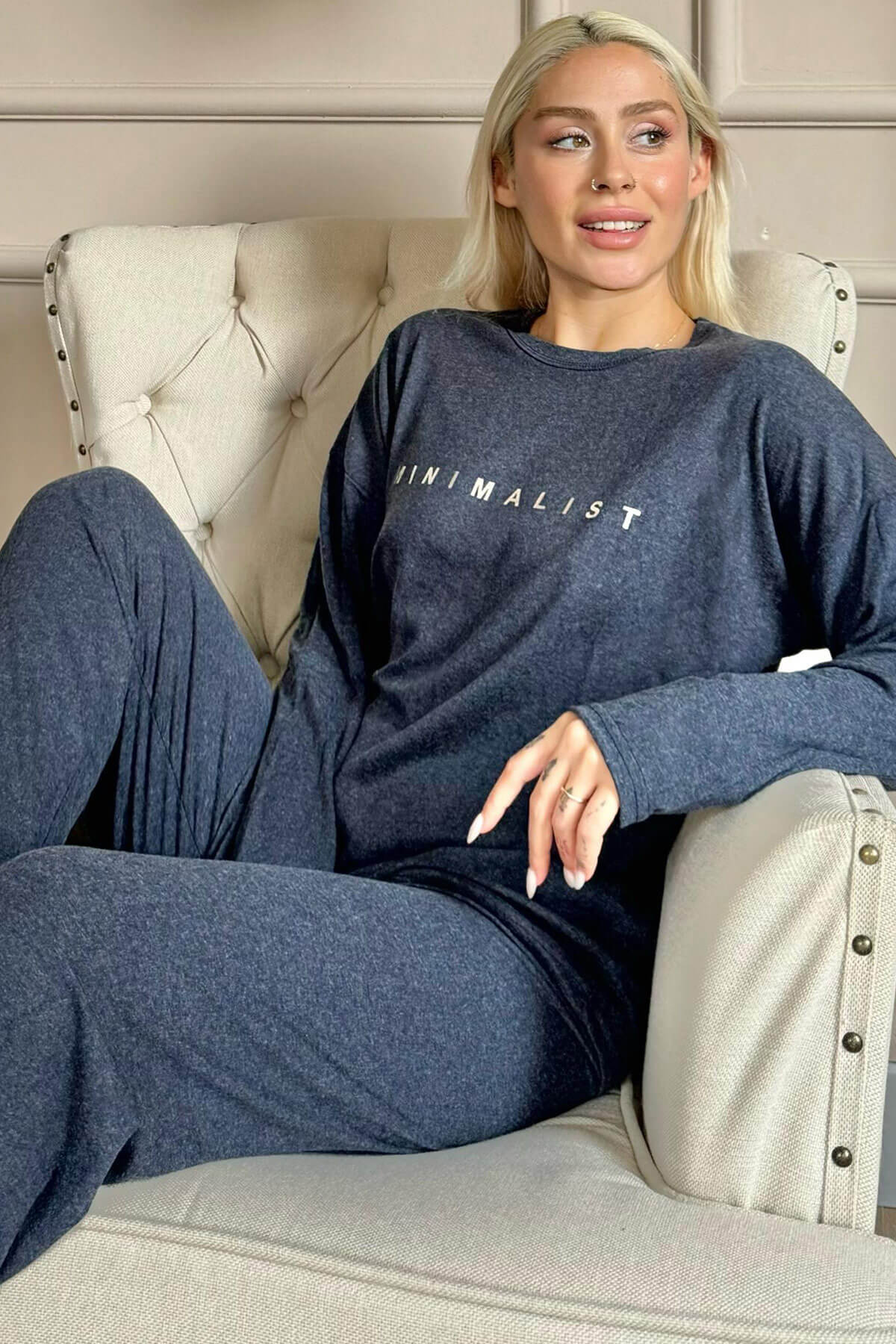 Lacivert Minimalist Baskılı Bambu Uzun Kol Kadın Pijama Takımı - 1