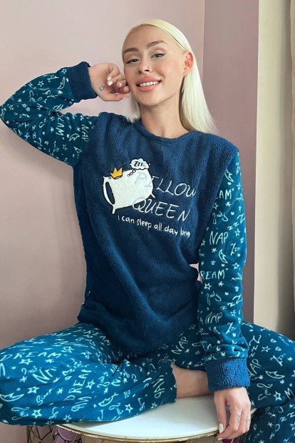 Lacivert Pillow Desenli Kadın Peluş Pijama Takımı - 1