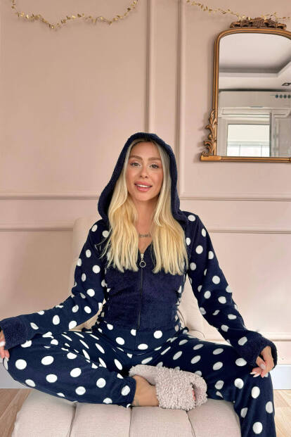 Lacivert Puan Desenli Kadın Polar Peluş Tulum Pijama - 2