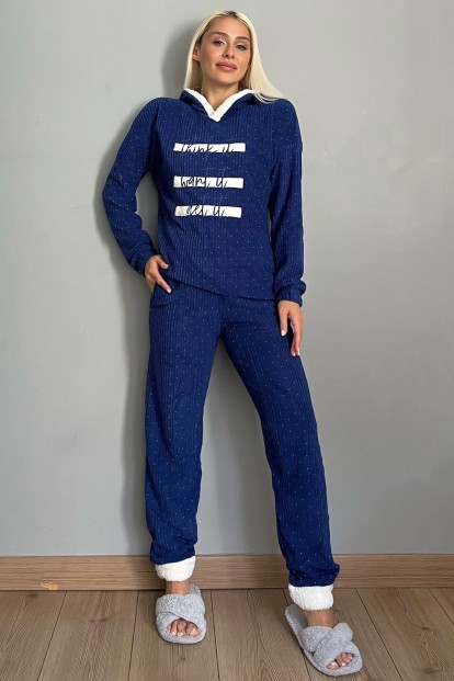 Lacivert Three Line Desenli Kapşonlu Peluş Polar Pijama Takımı - 5