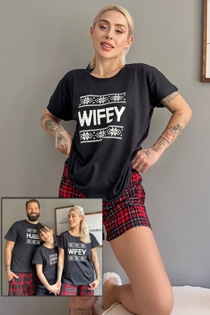 Lacivert Wifey Şortlu Sevgili Aile Pijaması - Kadın Takımı - 1