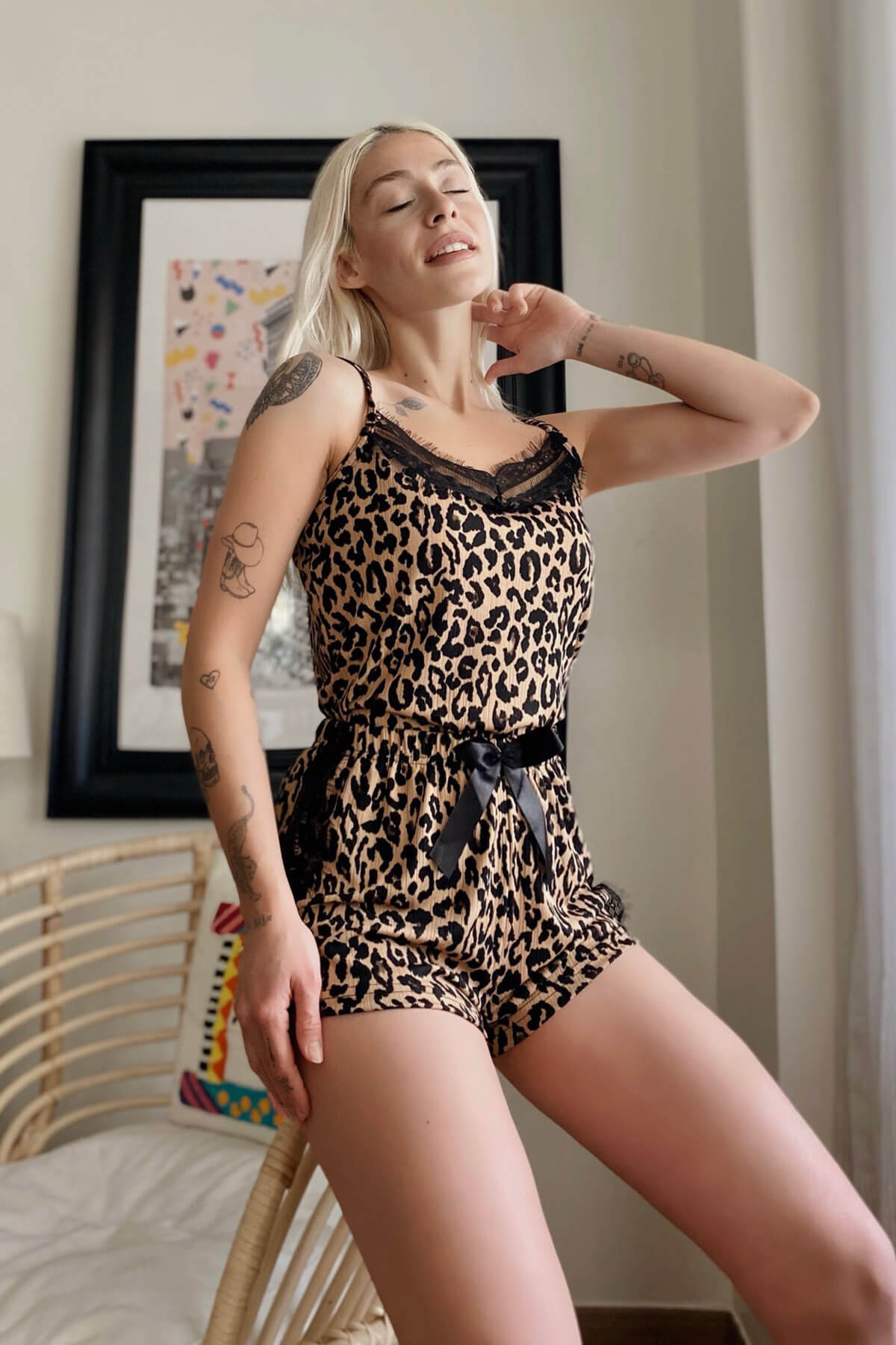 Leopar Pegasus Dantel Detaylı İp Askı Şortlu Örme Pijama Takımı - 2