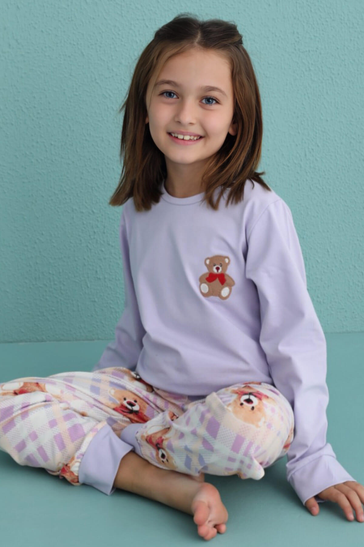 Lila Bear Desenli Uzun Kollu Pamuk Kız Çocuk Pijama Takımı - 1