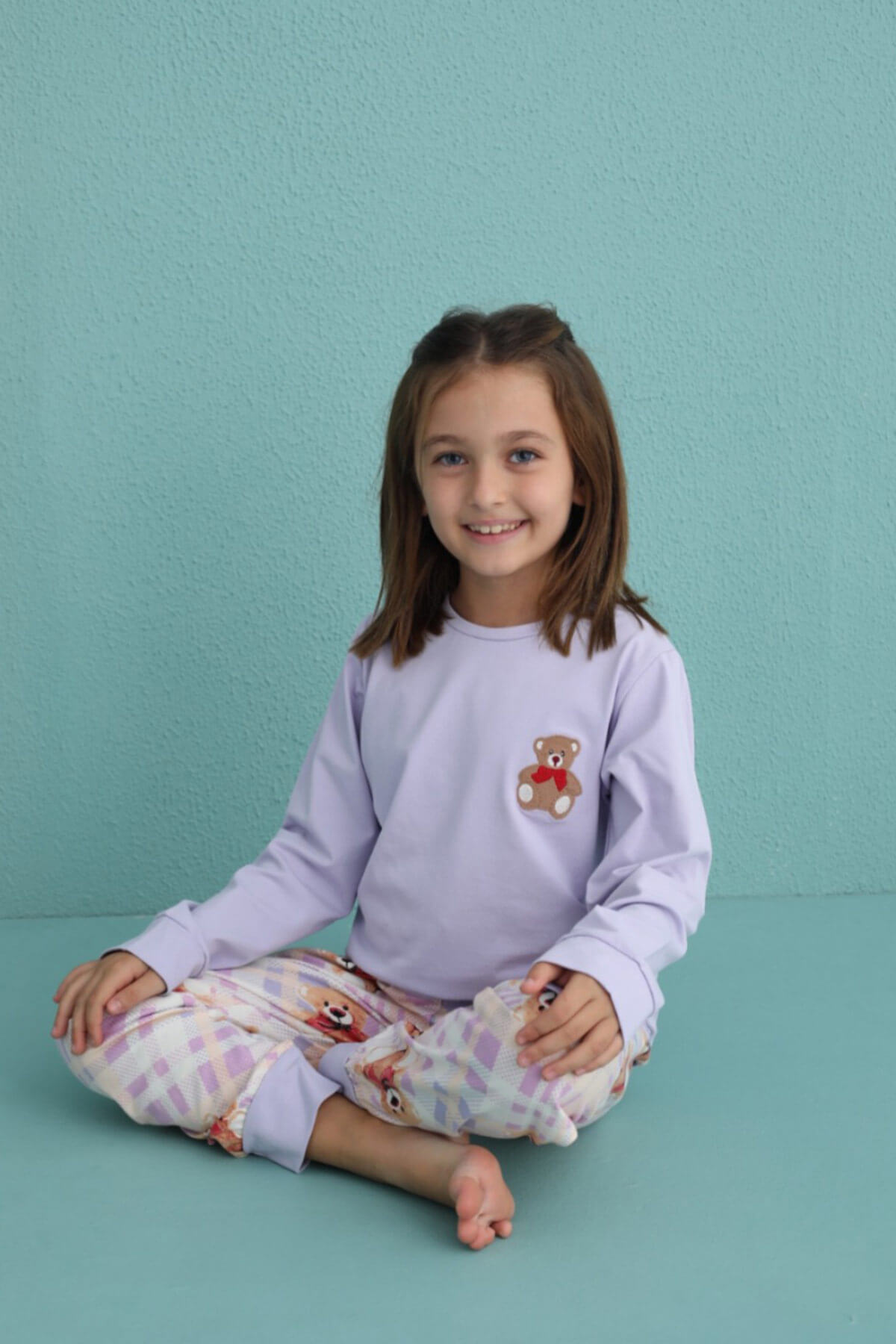 Lila Bear Desenli Uzun Kollu Pamuk Kız Çocuk Pijama Takımı - 2