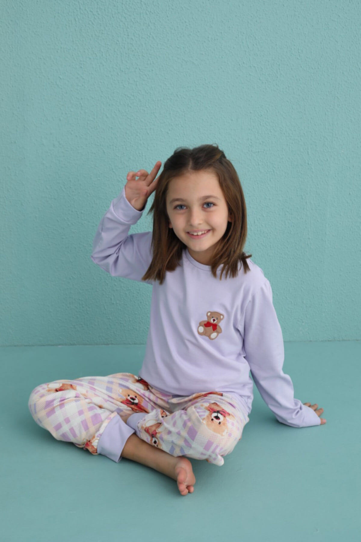 Lila Bear Desenli Uzun Kollu Pamuk Kız Çocuk Pijama Takımı - 3