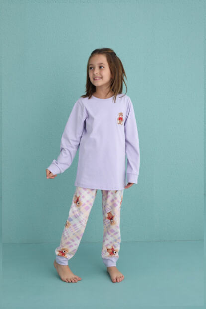 Lila Bear Desenli Uzun Kollu Pamuk Kız Çocuk Pijama Takımı - 4