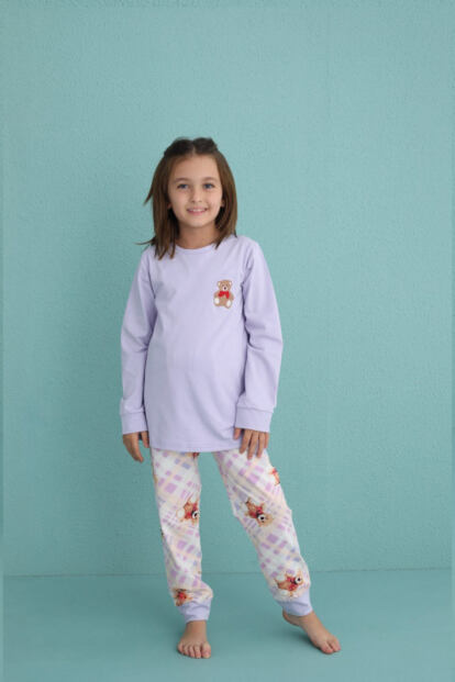 Lila Bear Desenli Uzun Kollu Pamuk Kız Çocuk Pijama Takımı - 5