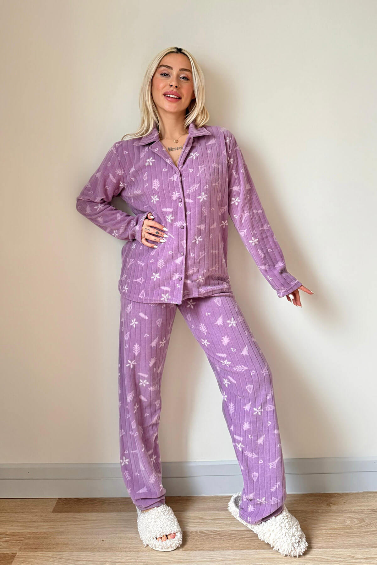 Lila Çam Desenli Önden Düğmeli Peluş Polar Pijama Takımı - 6