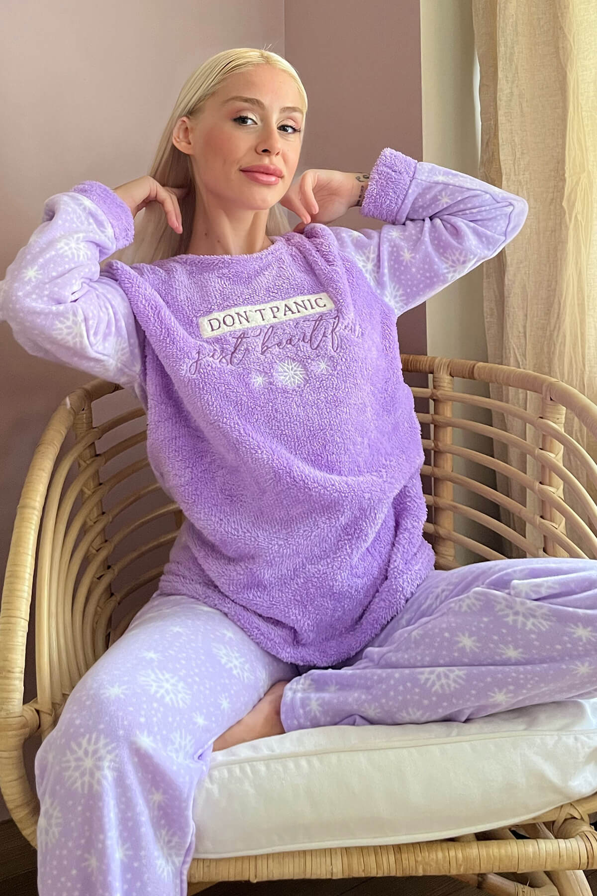 Lila Dont Panic Desenli Kadın Peluş Pijama Takımı - 1