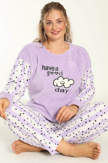 Lila Good Day Desenli Büyük Beden Battal Peluş Pijama Takımı 