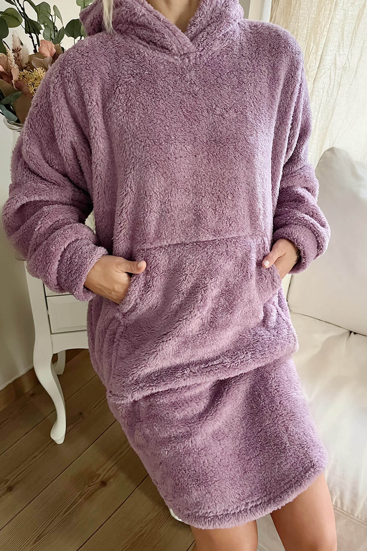 Lila Kapşonlu Tam Peluş Oversize Sweat Panço Pijama - 3