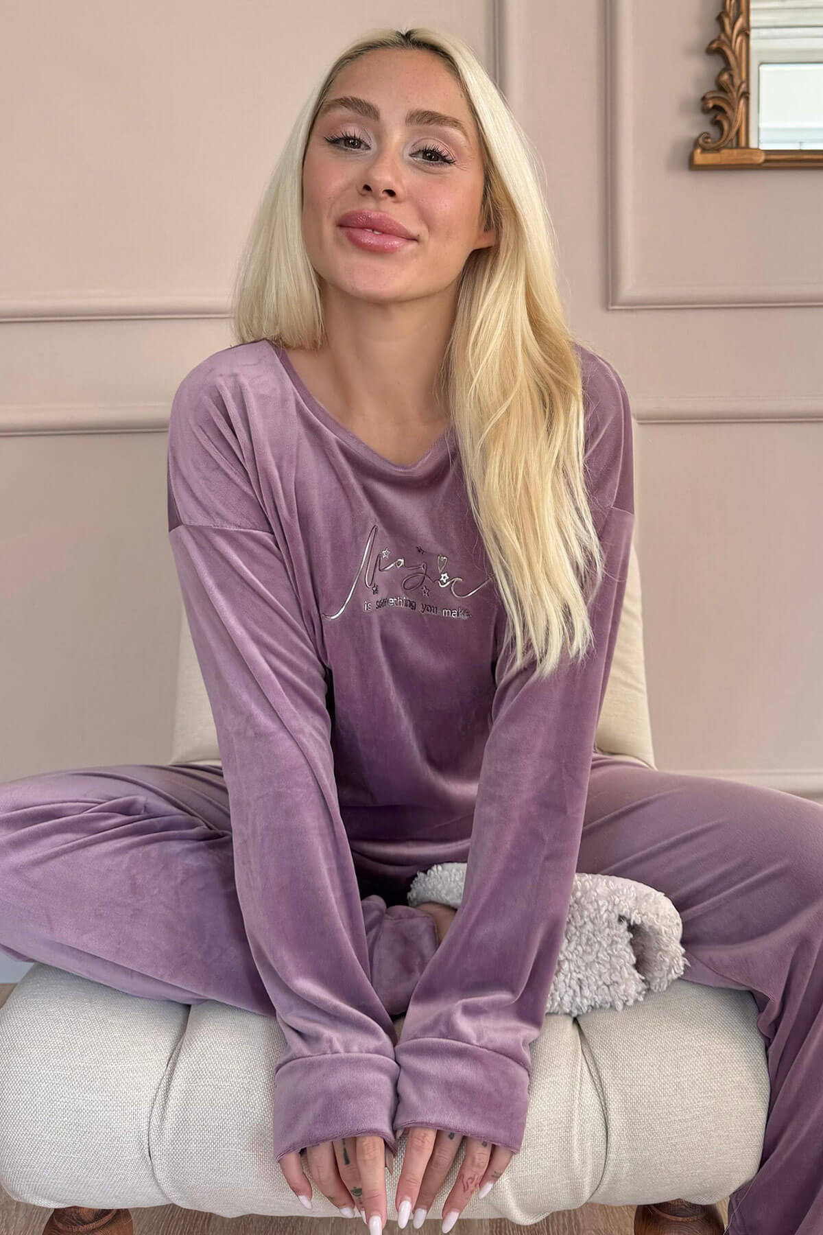 Lila Magic Desenli Exclusive Kadife Kadın Pijama Takımı  - 2