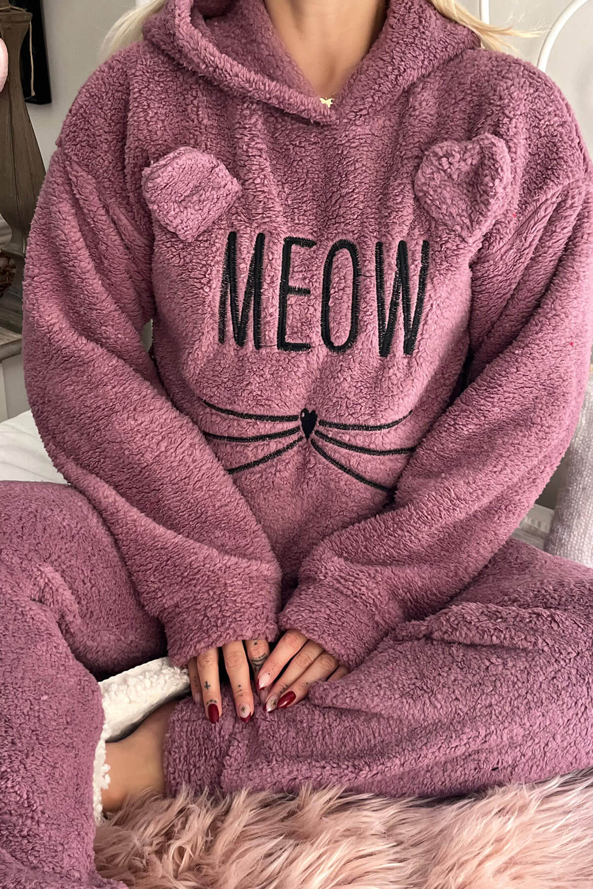 Lila Meow Desenli Tam Peluş Pijama Takımı - 4