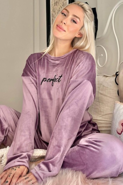 Lila Perfect Desenli Exclusive Kadife Kadın Pijama Takımı  