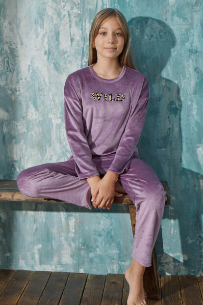 Lila Wild Desenli Exclusive Kadife Kız Çocuk Pijama Takımı  