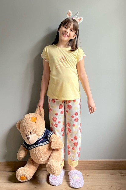 Limon Baskılı Kısa Kollu Kız Çocuk Pijama Takımı - 4