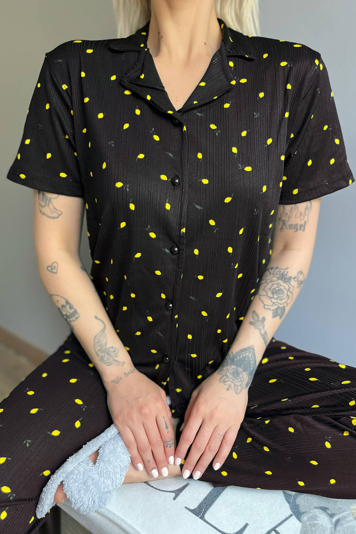 Limon Desenli Örme Önden Düğmeli Kısa Kol Kadın Pijama Takımı - 5
