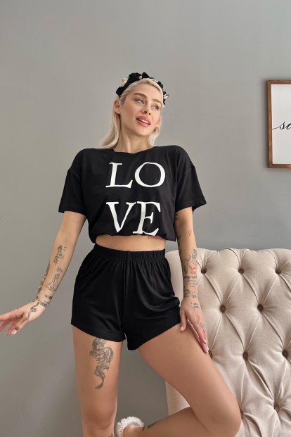 Love Baskılı Crop Örme Kısa Kollu Şortlu Pijama Takımı - 3