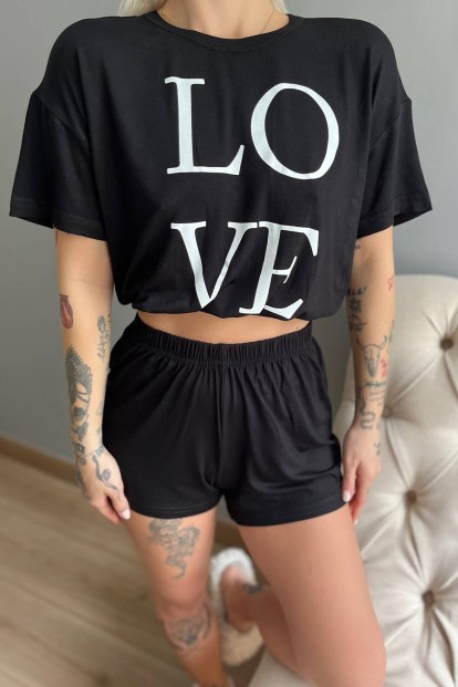 Love Baskılı Crop Örme Kısa Kollu Şortlu Pijama Takımı - 4