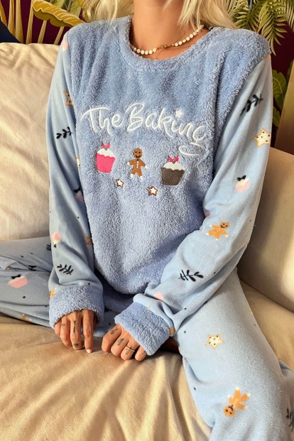 Mavi Baking Desenli Kadın Peluş Pijama Takımı - 4