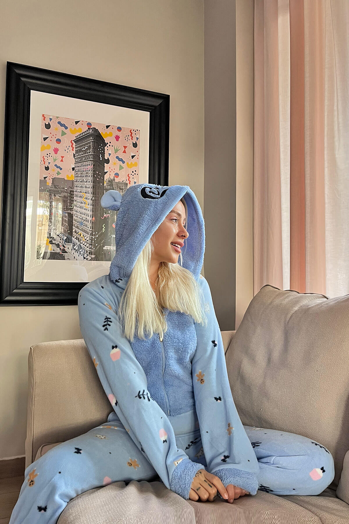 Mavi Cookies Desenli Kadın Polar Peluş Tulum Pijama Takımı - 2