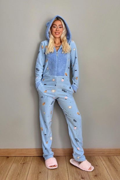 Mavi Cookies Desenli Kadın Polar Peluş Tulum Pijama Takımı - 6