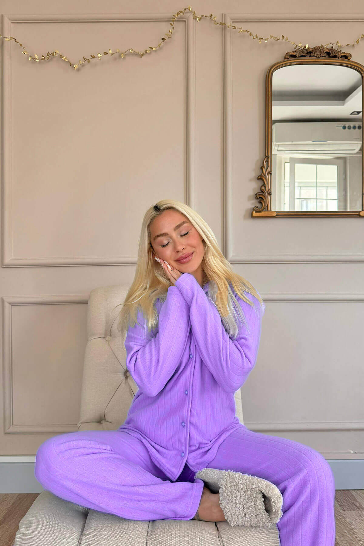 Mor Düz Önden Düğmeli Peluş Polar Pijama Takımı - 4